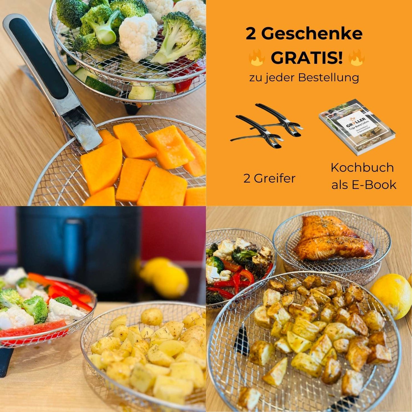 Genussgitter (3 Stück) + 2 Zangen & Kochbuch für Airfryer