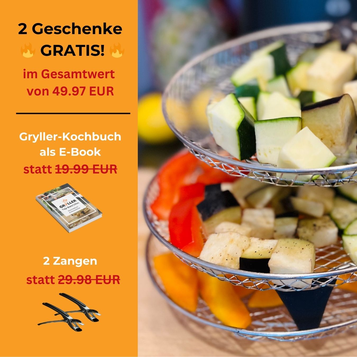 Genussgitter (3 Stück) + 2 Zangen & Kochbuch für Airfryer